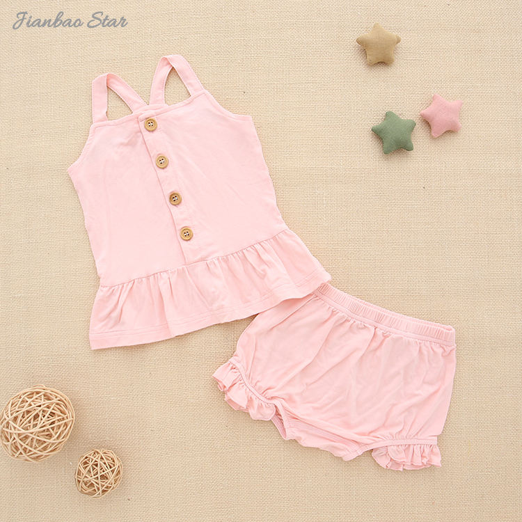 Новый выпуск, топы с бретелями и шорты с рюшами, комплект для малышей, летняя одежда для девочек, комплект из бамбука, спандекса и хлопка, исходящий комплект детского костюма