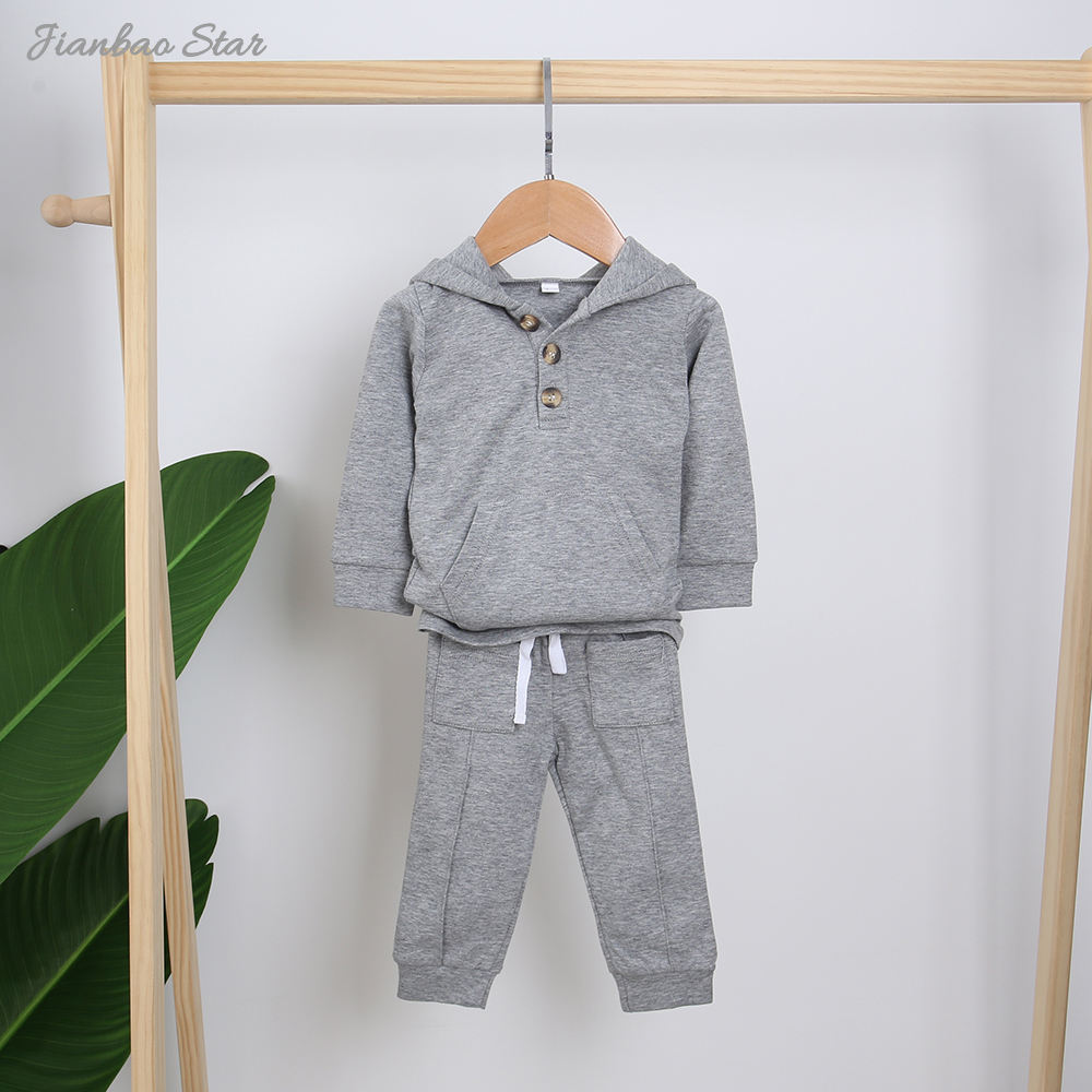 Классический серый оптовый весенне-осенний однотонный комплект одежды с длинными рукавами и капюшоном унисекс для малышей из двух предметов